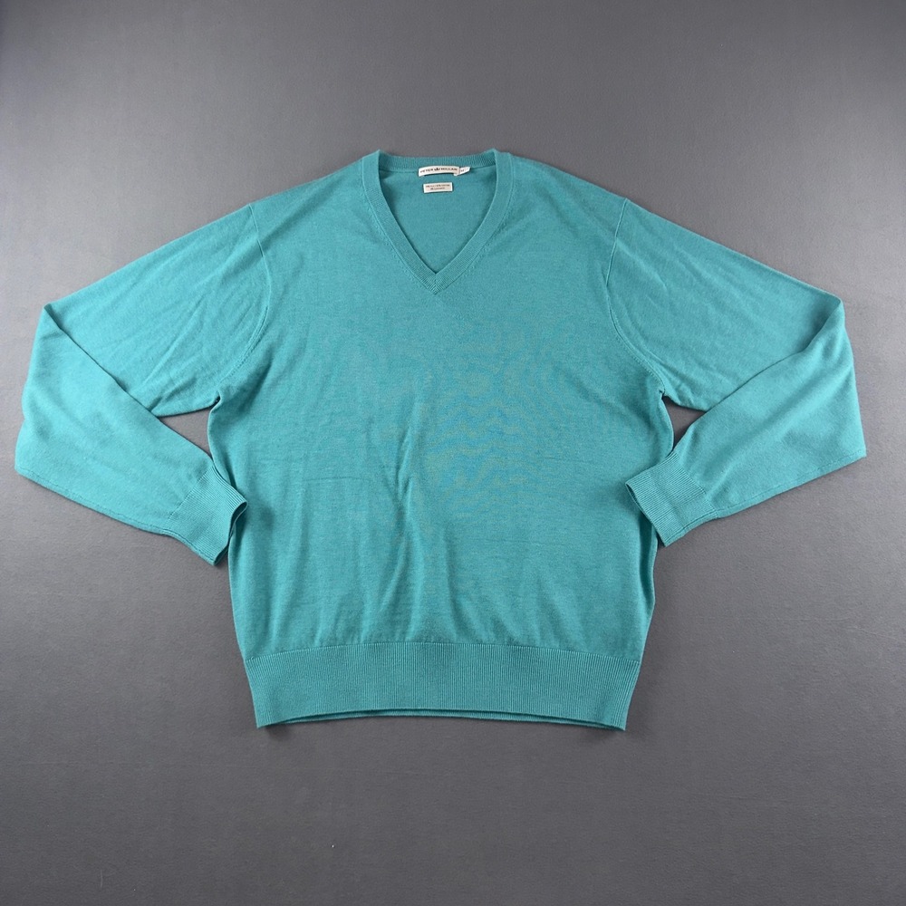 Peter Millar Mens Silk Cotton Cashmere V-Neck Sweater Teal Green MS12S10 Size M‎